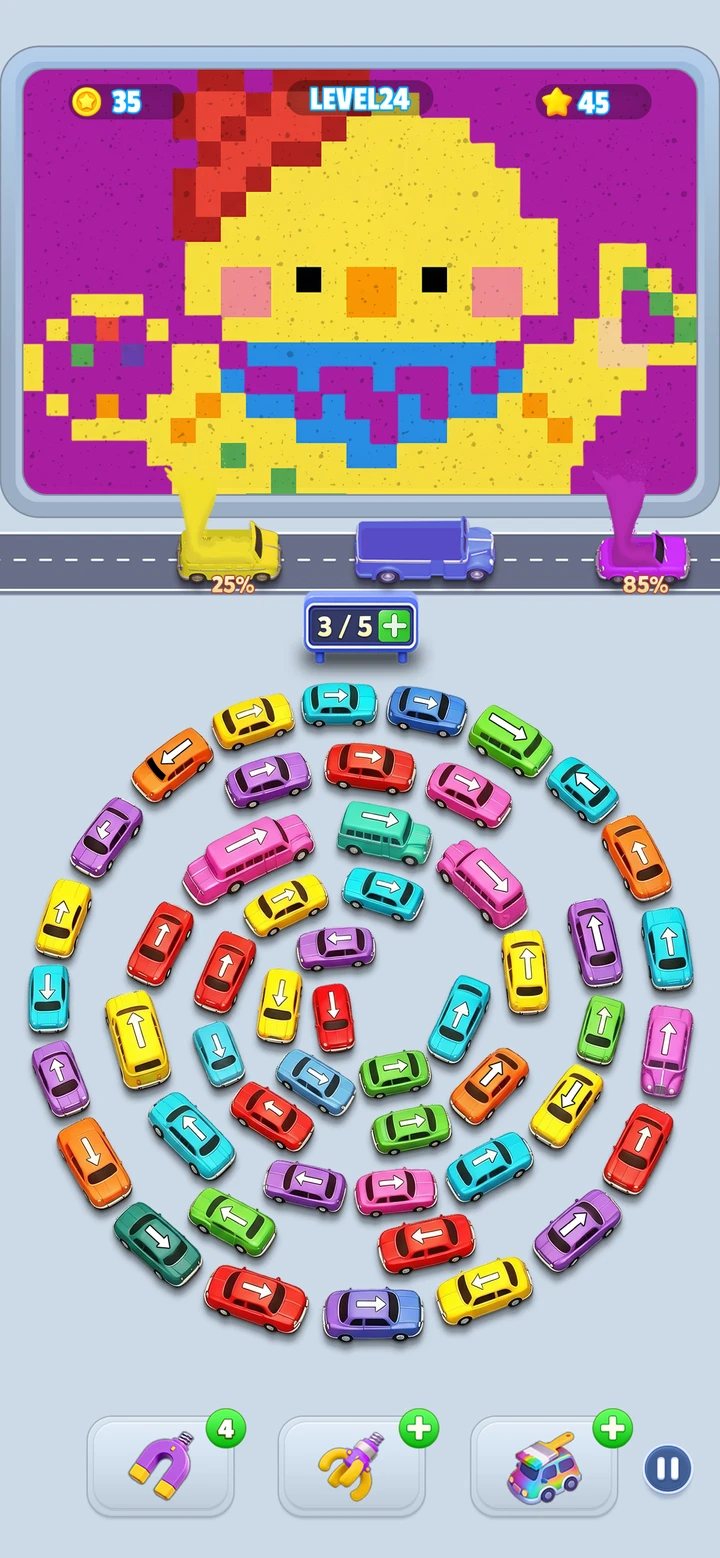 Jam Bus Sandfall store screenshot showing a yellow sand character, colored collection vehicles and directional arrows.